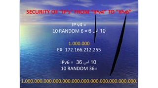 SECURITY OF “IP’s” FROM “IPv4” TO “IPv6”
IP v4 =
10 RANDOM 6 = 10‫اس‬6
1.000.000
EX. 172.166.212.255
IPv6 = 10‫اس‬36
10 RANDOM 36=
1.000.000.000.000.000.000.000.000.000.000.000.000.
 