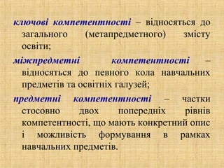 ключові компетентності – відносяться до
загального (метапредметного) змісту
освіти;
міжпредметні компетентності –
відносяться до певного кола навчальних
предметів та освітніх галузей;
предметні компетентності – частки
стосовно двох попередніх рівнів
компетентності, що мають конкретний опис
і можливість формування в рамках
навчальних предметів.
 