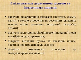 Спілкуватися державною, рідною та
іноземними мовами
 навички використання підказок (нотатки, схеми,
карти) з метою створення та розуміння складних
текстів (спічі, розмови, інструкції, інтерв’ю,
дебати);
 відчуття культурних відмінностей іноземної мови
та стійкість до стереотипів;
 відкрите визнання думок та висловів інших,
участь в конструктивному діалозі;
 розвиток позитивного ставлення до
міжкультурної комунікації.
 