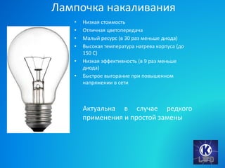 Лампочка накаливания
• Низкая стоимость
• Отличная цветопередача
• Малый ресурс (в 30 раз меньше диода)
• Высокая температура нагрева корпуса (до
150 С)
• Низкая эффективность (в 9 раз меньше
диода)
• Быстрое выгорание при повышенном
напряжении в сети
Актуальна в случае редкого
применения и простой замены
 