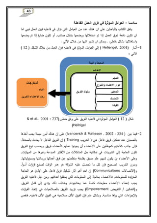 43
‫سادسا‬‫الفاعلة‬ ‫العمل‬ ‫فرق‬ ‫في‬ ‫ة‬‫ر‬‫المؤث‬ ‫امل‬‫و‬‫الع‬ :
‫على‬ ‫الباحثين‬‫و‬ ‫الكتاب‬ ‫يتفق‬‫ان‬‫فا‬ ‫في‬ ‫تؤثر‬ ‫التي‬ ‫امل‬‫و‬‫الع‬ ‫من‬ ‫عدد‬ ‫هناك‬‫عليه‬‫اما‬ ‫فهي‬ ‫العمل‬ ‫فرق‬
‫العمل‬ ‫لفرق‬ ‫نافعة‬ ‫تكون‬ ‫ان‬‫إذ‬‫صائب‬ ‫بشكل‬ ‫ووضعها‬ ‫استغاللها‬ ‫تم‬ ‫ا‬,‫أو‬‫ة‬‫ر‬‫ضا‬ ‫تكون‬‫إذ‬‫وضعها‬ ‫تم‬ ‫ا‬
‫نشير‬ ‫ان‬ ‫ويمكن‬ . ‫خاطئ‬ ‫بشكل‬ ‫استغاللها‬‫و‬‫اليه‬‫خالل‬ ‫من‬ ‫ا‬‫اآلتي‬:
1-‫أشار‬( Hellerigel, 2001)‫إلى‬‫فا‬ ‫في‬ ‫ة‬‫ر‬‫المؤث‬ ‫امل‬‫و‬‫الع‬‫عليه‬( ‫الشكل‬ ‫خالل‬ ‫من‬ ‫العمل‬ ‫فرق‬12)
‫اآلتي‬:
( ‫شكل‬12)‫فا‬ ‫في‬ ‫ة‬‫ر‬‫المؤث‬ ‫امل‬‫و‬‫الع‬‫عليه‬‫الفريق‬‫منظور‬ ‫وفق‬ ‫على‬et al., 2001 : 237)&
Hellrigel)
2-( ‫بين‬ ‫فيما‬Ivancevich & Matteson , 2002 : 334‫أخذها‬ ‫يجب‬ ‫مهمة‬ ‫أمور‬ ‫هناك‬ ‫إن‬ ‫على‬ )
‫بالحسبان‬‫هي‬ ‫فاعل‬ ‫فريق‬ ‫تشكيل‬ ‫عند‬(‫التدريب‬Training)‫إ‬‫بالصدفة‬ ‫يحدث‬ ‫ال‬ ‫الفاعل‬ ‫الفريق‬ ‫ن‬,
‫ف‬‫إلى‬‫كموظفين‬ ‫كفاءتهم‬ ‫جانب‬‫األع‬ ‫على‬‫فريق‬ ‫كأعضاء‬ ‫عملهم‬ ‫ا‬‫و‬‫يجيد‬ ‫أن‬ ‫ضاء‬‫الفريق‬ ‫ع‬‫نو‬ ‫وبحسب‬ ,
‫الحاجة‬ ‫تكون‬‫إلى‬‫التدريبات‬‫حل‬ ‫إمكانية‬ ‫في‬‫المشكالت‬‫من‬‫األ‬‫ات‬‫ر‬‫المها‬ ‫من‬ ‫ها‬‫وغير‬ ‫المبدعة‬ ‫فكار‬,
‫منظمتهم‬ ‫بفلسفة‬ ‫مسبق‬ ‫علم‬ ‫لديهم‬ ‫يكون‬ ‫إن‬ ‫األعضاء‬ ‫وعلى‬‫عن‬‫ف‬‫ومسؤولياتها‬ ‫ورسالتها‬ ‫أعمالها‬ ‫رق‬,
‫وبدون‬‫التدريب‬‫الصحيح‬‫فإن‬‫تحصل‬ ‫ما‬ ‫كل‬‫عليه‬‫لص‬ ‫الوقت‬ ‫هدر‬ ‫هو‬ ‫الشركة‬‫أ‬‫و‬‫أس‬ ‫ات‬‫ر‬‫ا‬‫ر‬‫ق‬ ‫نع‬,
‫و‬(‫االتصاالت‬Communications)‫اإل‬ ‫على‬ ‫فاعل‬ ‫فريق‬ ‫تشكيل‬ ‫آثار‬ ‫أهم‬ ‫احد‬ ‫إن‬‫ة‬‫ر‬‫دا‬‫الحاجة‬ ‫هو‬
‫المت‬‫ايد‬‫ز‬‫للمعلومات‬ ‫ة‬‫بحاجة‬ ‫فاألعضاء‬ ,‫إلى‬‫أهدافهم‬ ‫ا‬‫و‬‫يحقق‬ ‫لكي‬ ‫المعلومات‬‫فا‬ ‫اجل‬ ‫ومن‬ ,‫عليه‬‫الفريق‬
‫يجب‬‫ع‬ ‫كاملة‬ ‫معلومات‬ ‫األعضاء‬ ‫إعطاء‬‫ما‬‫يحتاجو‬‫ن‬‫ه‬,‫و‬‫ذلك‬ ‫خالف‬‫يؤدي‬‫إلى‬‫الفريق‬ ‫فشل‬,
‫و‬(‫التمكين‬/‫التفويض‬Empowerment)‫في‬ ‫بالصالحيات‬ ‫الفريق‬ ‫تزويد‬ ‫يجب‬‫إتخاذ‬‫ار‬‫ر‬‫الق‬‫ات‬
‫مناسبة‬ ‫اها‬‫ر‬‫ي‬ ‫التي‬ ‫اءات‬‫ر‬‫اإلج‬‫و‬,‫عام‬ ‫وبشكل‬‫فإن‬‫فا‬ ‫األقل‬ ‫الفرق‬ ‫هي‬ ‫صالحية‬ ‫األقل‬ ‫الفرق‬‫عليه‬‫فنقص‬ ,
‫المحيط‬/‫البيئة‬
‫االهداف‬
‫الحجم‬
‫والتنوع‬ ‫االعضاء‬ ‫ادوار‬
‫المعايير‬‫الفريق‬ ‫سلوك‬
‫التماسك‬
‫القيادة‬
‫المخرجات‬
‫االداء‬
‫االخرين‬ ‫االعضاء‬ ‫رضا‬
 