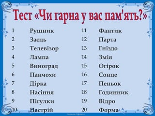 FokinaLida.75@mail.ru
1 Рушник 11 Фантик
2 Заєць 12 Парта
3 Телевізор 13 Гніздо
4 Лампа 14 Змія
5 Виноград 15 Огірок
6 Панчохи 16 Сонце
7 Дірка 17 Пеньок
8 Насіння 18 Годинник
9 Пігулки 19 Відро
10 Настрій 20 Форма
 