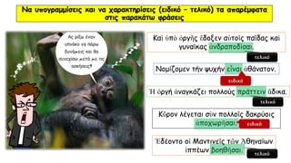 Καὶ ὑπὸ ὀργῆς ἔδοξεν αὐτοῖς παῖδας καὶ
γυναῖκας ἀνδραποδίσαι.
Νομίζομεν τήν ψυχήν εἶναι ἀθάνατον.
Ἡ ὀργή ἀναγκάζει πολλούς πράττειν ἄδικα.
Ἐδέοντο οἱ Μαντινεῖς τῶν Ἀθηναίων
ἱππέων βοηθῆσαι.
Κῦρον λέγεται σὺν πολλοῖς δακρύοις
ἀποχωρῆσαι.
Να υπογραμμίσεις και να χαρακτηρίσεις (ειδικό – τελικό) τα απαρέμφατα
στις παρακάτω φράσεις
τελικό
ειδικό
τελικό
ειδικό
τελικό
 