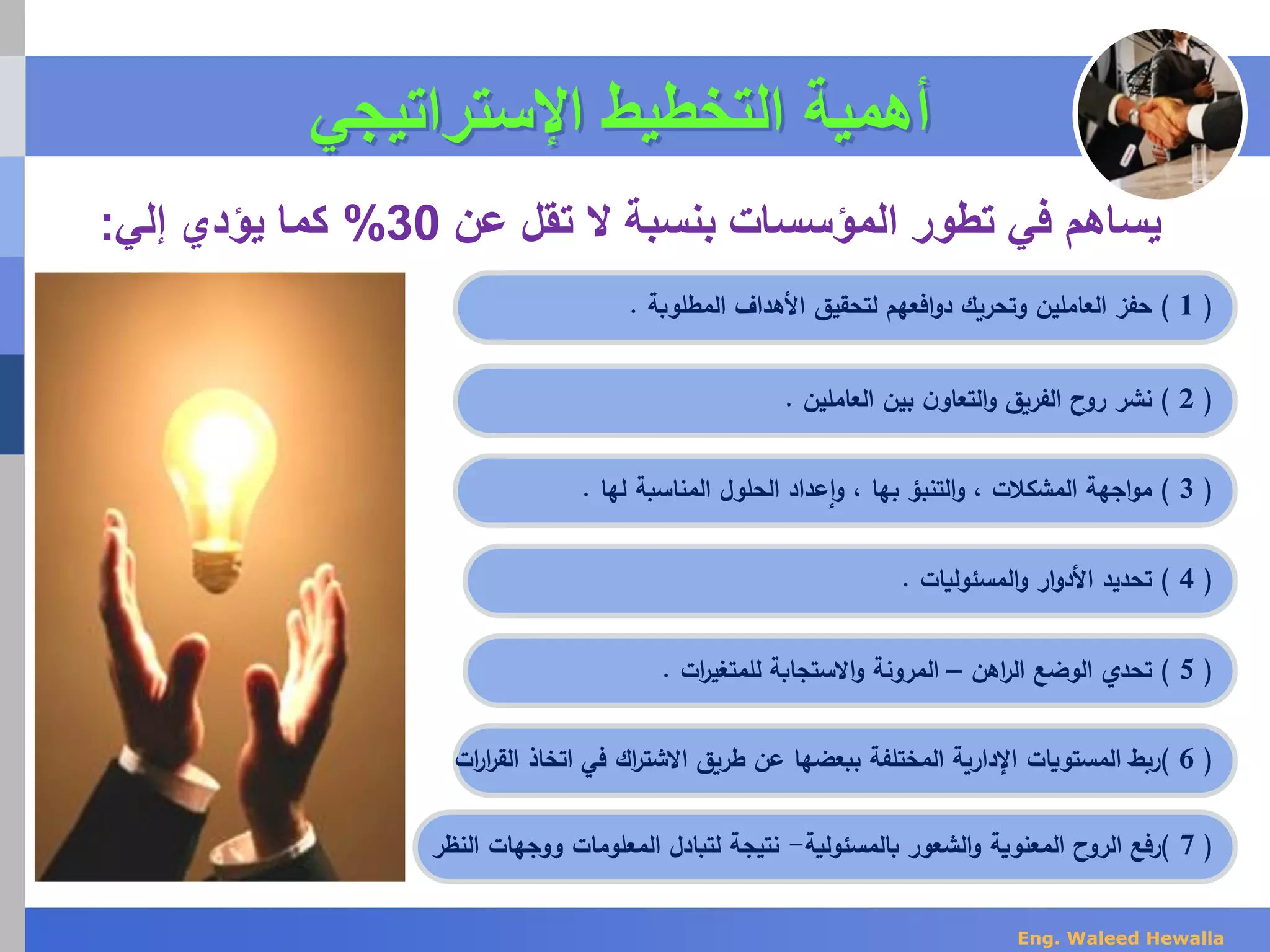 (1)‫المطلوبة‬ ‫األهداف‬ ‫لتحقيق‬ ‫افعهم‬‫و‬‫د‬ ‫وتحريك‬ ‫العاملين‬ ‫حفز‬.
(2)‫العاملين‬ ‫بين‬ ‫ن‬‫التعاو‬‫و‬ ‫الفريق‬ ‫روح‬ ‫نشر‬.
(4)‫المسئوليات‬‫و‬ ‫ار‬‫و‬‫األد‬ ‫تحديد‬.
(5)‫اهن‬‫ر‬‫ال‬ ‫الوضع‬ ‫تحدي‬–‫ات‬‫ر‬‫للمتغي‬ ‫االستجابة‬‫و‬ ‫المرونة‬.
(6)‫ات‬‫ر‬‫ا‬‫ر‬‫الق‬ ‫اتخاذ‬ ‫في‬ ‫اك‬‫ر‬‫االشت‬ ‫طريق‬ ‫عن‬ ‫ببعضها‬ ‫المختلفة‬ ‫اإلدارية‬ ‫المستويات‬ ‫ربط‬
(3)‫لها‬ ‫المناسبة‬ ‫الحلول‬ ‫عداد‬‫ا‬‫و‬ ، ‫بها‬ ‫التنبؤ‬‫و‬ ، ‫المشكالت‬ ‫اجهة‬‫و‬‫م‬.
‫أهمية‬‫التخطيط‬‫اإلستراتيجي‬
(7)‫بالمسئولية‬ ‫الشعور‬‫و‬ ‫المعنوية‬ ‫الروح‬ ‫رفع‬-‫النظر‬ ‫ووجهات‬ ‫المعلومات‬ ‫لتبادل‬ ‫نتيجة‬
‫عن‬ ‫تقل‬ ‫ال‬ ‫بنسبة‬ ‫المؤسسات‬ ‫تطور‬ ‫في‬ ‫يساهم‬30%‫إلي‬ ‫يؤدي‬ ‫كما‬:
Eng. Waleed Hewalla
 