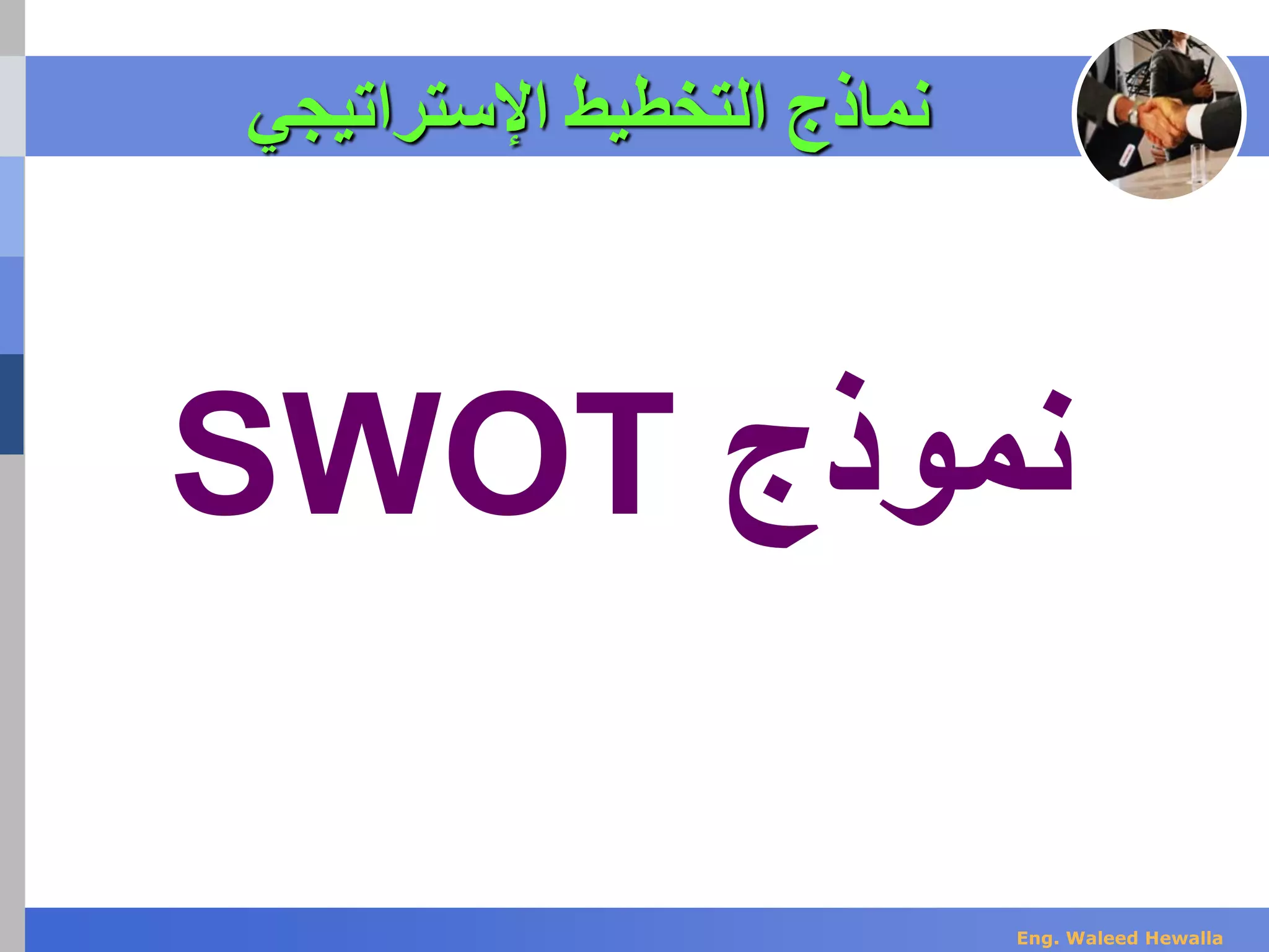 ‫اإلستراتيجي‬ ‫التخطيط‬ ‫نماذج‬
‫نموذج‬SWOT
Eng. Waleed Hewalla
 