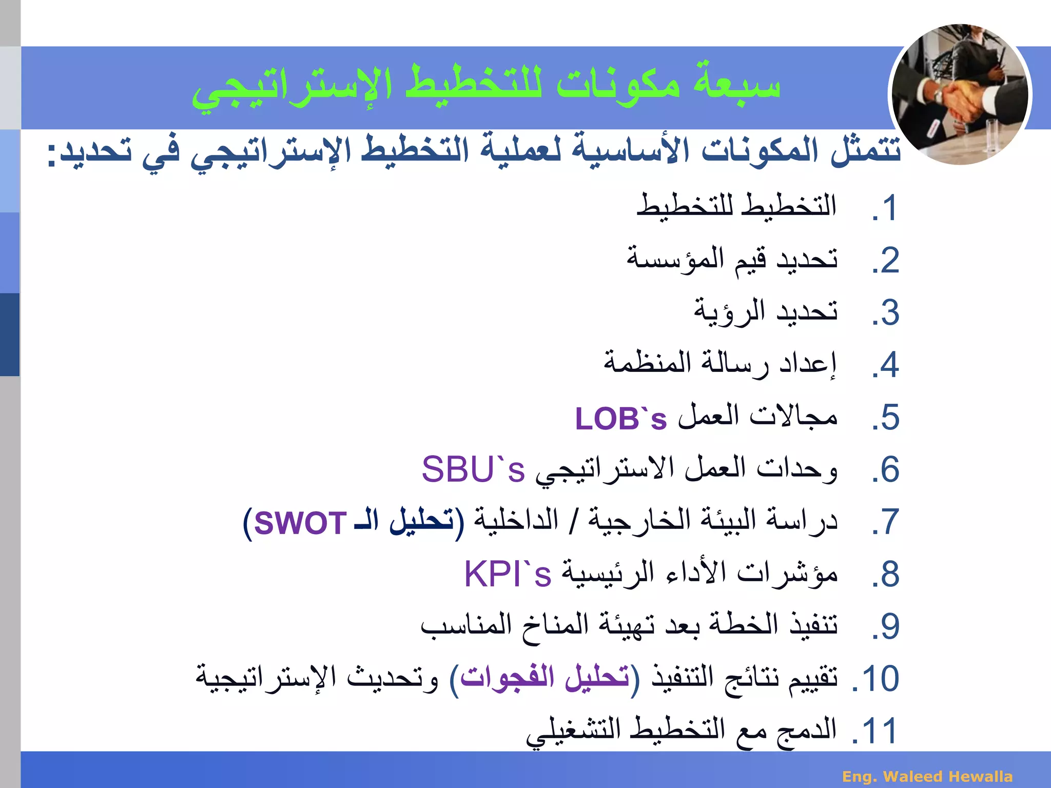 ‫للتخطيط‬ ‫مكونات‬ ‫سبعة‬‫اإلستراتيجي‬
‫لعملية‬ ‫األساسية‬ ‫المكونات‬ ‫تتمثل‬‫التخطيط‬‫تحديد‬ ‫في‬ ‫اإلستراتيجي‬:
.1‫للتخطيط‬ ‫التخطيط‬
.2‫تحديد‬‫المؤسسة‬ ‫قيم‬
.3‫ال‬ ‫تحديد‬‫رؤية‬
.4‫إعداد‬‫رسالة‬‫المنظمة‬
.5‫العمل‬ ‫مجاالت‬LOB`s
.6‫االستراتيجي‬ ‫العمل‬ ‫وحدات‬SBU`s
.7‫دراسة‬‫الخارجية‬ ‫البيئة‬/‫الداخلية‬(‫الـ‬ ‫تحليل‬SWOT)
.8‫مؤشرات‬‫الرئيسية‬ ‫األداء‬KPI`s
.9‫بعد‬ ‫الخطة‬ ‫تنفيذ‬‫تهيئة‬‫المناخ‬‫المناسب‬
.10‫نتائج‬ ‫تقييم‬‫التنفيذ‬(‫الفجوات‬ ‫تحليل‬)‫اإلستراتيجية‬ ‫وتحديث‬
.11‫الدمج‬‫التشغيلي‬ ‫التخطيط‬ ‫مع‬
Eng. Waleed Hewalla
 