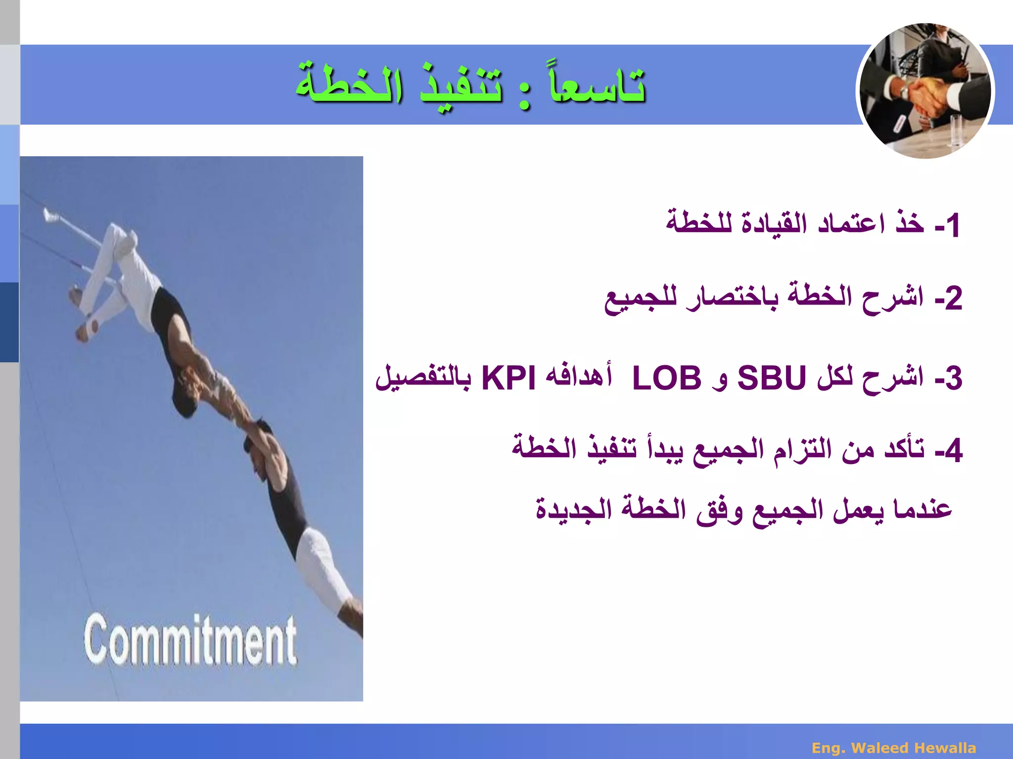 ‫تاسع‬‫ا‬‫ا‬:‫الخطة‬ ‫تنفيذ‬
1-‫للخطة‬ ‫القيادة‬ ‫اعتماد‬ ‫خذ‬
2-‫للجميع‬ ‫باختصار‬ ‫الخطة‬ ‫اشرح‬
3-‫لكل‬ ‫اشرح‬SBU‫و‬LOB‫أهدافه‬KPI‫بالتفصيل‬
4-‫التزام‬ ‫من‬ ‫تأكد‬‫الجميع‬‫يبدأ‬‫تنفيذ‬‫الخط‬‫ة‬
‫يعمل‬ ‫عندما‬‫الجميع‬‫وفق‬‫الجديدة‬ ‫الخطة‬
Eng. Waleed Hewalla
 