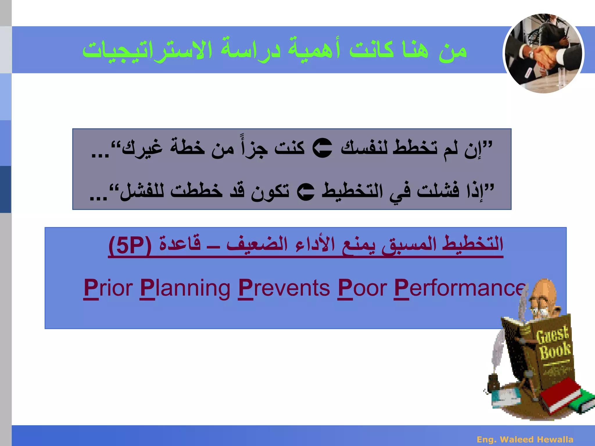 ‫االستراتيجيات‬ ‫دراسة‬ ‫أهمية‬ ‫كانت‬ ‫هنا‬ ‫من‬
‫الضعيف‬ ‫األداء‬ ‫يمنع‬ ‫المسبق‬ ‫التخطيط‬–‫قاعدة‬(5P)
Prior Planning Prevents Poor Performance
”‫لنفسك‬ ‫تخطط‬ ‫لم‬ ‫إن‬‫غيرك‬ ‫خطة‬ ‫من‬ ‫جزأ‬ ‫كنت‬“...
”‫التخطيط‬ ‫في‬ ‫فشلت‬ ‫إذا‬‫للفشل‬ ‫خططت‬ ‫قد‬ ‫تكون‬“...
Eng. Waleed Hewalla
 