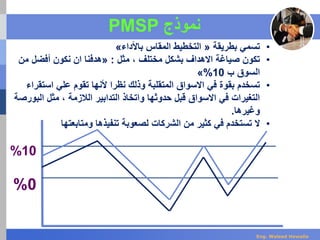 10%
0%
•‫بطريقة‬ ‫تسمي‬«‫باألداء‬ ‫المقاس‬ ‫التخطيط‬»
•‫مثل‬ ، ‫مختلف‬ ‫بشكل‬ ‫االهداف‬ ‫صياغة‬ ‫تكون‬:«‫من‬ ‫أفضل‬ ‫نكون‬ ‫ان‬ ‫هدفنا‬
‫ب‬ ‫السوق‬10%»
•‫استقرا‬ ‫علي‬ ‫تقوم‬ ‫ألنها‬ ‫نظرا‬ ‫وذلك‬ ‫المتقلبة‬ ‫االسواق‬ ‫في‬ ‫بقوة‬ ‫تسخدم‬‫ء‬
‫البورص‬ ‫مثل‬ ، ‫الالزمة‬ ‫التدابير‬ ‫واتخاذ‬ ‫حدوثها‬ ‫قبل‬ ‫االسواق‬ ‫في‬ ‫التغيرات‬‫ة‬
‫وغيرها‬.
•‫ومتابعتها‬ ‫تنفيذها‬ ‫لصعوبة‬ ‫الشركات‬ ‫من‬ ‫كثير‬ ‫في‬ ‫تستخدم‬ ‫ال‬
‫نموذج‬PMSP
Eng. Waleed Hewalla
 