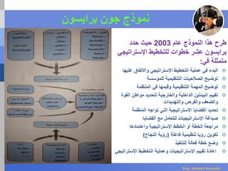 ‫جون‬ ‫نموذج‬‫برايسون‬
‫عام‬ ‫النموذج‬ ‫هذا‬ ‫طرح‬2003‫حدد‬ ‫حيث‬
‫اإلسترات‬ ‫للتخطيط‬ ‫خطوات‬ ‫عشر‬ ‫برايسون‬‫يجي‬
‫في‬ ‫متمثلة‬:
‫ع‬ ‫واالتفاق‬ ‫اإلستراتيجي‬ ‫التخطيط‬ ‫عملية‬ ‫في‬ ‫البدء‬‫ليها‬
‫للمؤسسة‬ ‫التنظيمية‬ ‫الصالحيات‬ ‫توضيح‬
‫المنظمة‬ ‫في‬ ‫وقيمها‬ ‫التنظيمية‬ ‫المهمة‬ ‫توضيح‬
‫مواطن‬ ‫لتحديد‬ ‫والخارجية‬ ‫الداخلية‬ ‫البيئتين‬ ‫تقييم‬‫القوة‬
‫والتهديدات‬ ‫والفرص‬ ‫والضعف‬
‫المنظمة‬ ‫تواجه‬ ‫التي‬ ‫اإلستراتيجية‬ ‫القضايا‬ ‫تحديد‬
‫القضايا‬ ‫مع‬ ‫للتعامل‬ ‫اإلستراتيجيات‬ ‫صياغة‬
‫واعتمادها‬ ‫اإلستراتيجية‬ ‫الخطط‬ ‫أو‬ ‫الخطة‬ ‫مراجعة‬
‫فاعلة‬ ‫تنظيمية‬ ‫رؤيا‬ ‫تكوين‬(‫النجاح‬ ‫رؤية‬)
‫للتنفيذ‬ ‫فعالة‬ ‫خطة‬ ‫وضع‬
‫اإلس‬ ‫التخطيط‬ ‫وعملية‬ ‫اإلستراتيجيات‬ ‫تقييم‬ ‫إعادة‬‫تراتيجي‬
Eng. Waleed Hewalla
 