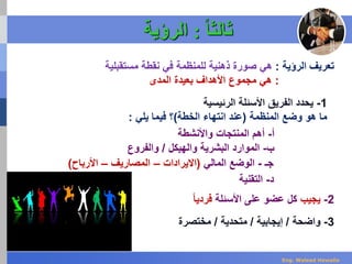 ‫ا‬‫ا‬‫ثالث‬:‫الرؤية‬
‫الرؤية‬ ‫تعريف‬:‫نقطة‬ ‫في‬ ‫للمنظمة‬ ‫ذهنية‬ ‫صورة‬ ‫هي‬‫مستقبلية‬
:‫المدى‬ ‫بعيدة‬ ‫األهداف‬ ‫مجموع‬ ‫هي‬
1-‫الرئيسية‬ ‫األسئلة‬ ‫الفريق‬ ‫يحدد‬
‫المنظمة‬ ‫وضع‬ ‫هو‬ ‫ما‬(‫الخطة‬ ‫انتهاء‬ ‫عند‬)‫يلي‬ ‫فيما‬ ‫؟‬:
‫أ‬-‫واألنشطة‬ ‫المنتجات‬ ‫أهم‬
‫ب‬-‫والهيكل‬ ‫البشرية‬ ‫الموارد‬/‫والفروع‬
‫جـ‬-‫المالي‬ ‫الوضع‬(‫االيرادات‬–‫المصاريف‬–‫األرباح‬)
‫د‬-‫التقنية‬
2-‫يجيب‬‫األسئلة‬ ‫على‬ ‫عضو‬ ‫كل‬‫فرديا‬
3-‫واضحة‬/‫إيجابية‬/‫متحدية‬/‫مختصرة‬
Eng. Waleed Hewalla
 