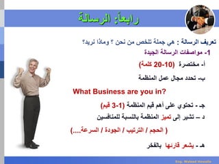 ‫ا‬‫ا‬‫رابع‬:‫الرسالة‬
‫الرسالة‬ ‫تعريف‬:‫هي‬‫جملة‬‫تلخص‬‫؟‬ ‫نحن‬ ‫من‬‫وماذا‬‫نريد؟‬
1-‫الجيدة‬ ‫الرسالة‬ ‫مواصفات‬
‫أ‬-‫مختصرة‬(10-20‫كلمة‬)
‫ب‬-‫عمل‬ ‫مجال‬ ‫تحدد‬‫المنظمة‬
What Business are you in?
‫جـ‬-‫المنظمة‬ ‫قيم‬ ‫أهم‬ ‫على‬ ‫تحتوي‬(1-3‫قيم‬)
‫د‬–‫إلى‬ ‫تشير‬‫تميز‬‫المنظمة‬‫للمنافسين‬ ‫بالنسبة‬
(‫الحجم‬/‫الترتيب‬/‫الجودة‬/‫السرعة‬)....
‫هـ‬-‫يشعر‬‫قارئها‬‫بالفخر‬
Eng. Waleed Hewalla
 
