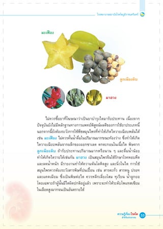 33
โรงพยาบาลสถาบันโรคไตภูมิราชนครินทร์
ความรู้เรื่องโรคไต
สำหรับประชาชน




























	 ไม่ควรซื้อยาที่โฆษณาว่าเป็นยาบำรุงไตมารับประทาน เนื่องจาก
ปัจจุบันยังไม่มีหลักฐานทางการแพทย์พิสูจน์ผลดีของการใช้ยาประเภทนี้
นอกจากนี้ยังต้องระวังการใช้พืชสมุนไพรที่ทำให้เกิดไตวายเฉียบพลันได้
เช่น มะเฟือง ไม่ควรคั้นน้ำดื่มในปริมาณมากขณะท้องว่าง ซึ่งทำให้เกิด
ไตวายเฉียบพลันจากผลึกของออกซาเลต ตกตะกอนในเนื้อไต พิษจาก
ลูกเนียงดิบ ถ้ารับประทานปริมาณมากหรือนาน ๆ และดื่มน้ำน้อย
ทำให้เกิดไตวายได้เช่นกัน มาฮวง เป็นสมุนไพรจีนใช้รักษาโรคหอบหืด
และลดน้ำหนัก มีรายงานทำให้ความดันโลหิตสูง และนิ่วในไต การใช้

สมุนไพรควรต้องระวังสารพิษที่ปนเปื้อน เช่น สารตะกั่ว สารหนู ปรอท
และแคดเมียม ซึ่งเป็นพิษต่อไต ควรหลีกเลี่ยงโสม ทุเรียน น้ำลูกยอ 

โดยเฉพาะถ้าผู้นั้นมีไตผิดปกติอยู่แล้ว เพราะจะทำให้ระดับโพแทสเซียม

ในเลือดสูงมากจนเป็นอันตรายได้
มะเฟือง
ลูกเนียงดิบ
มาฮวง
 