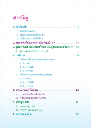 1. หน้าที่ของไต
	 1.1	 ไตมีหน้าที่อะไรบ้าง ?
	 1.2 	โรคไตเกิดจากสาเหตุใดได้บ้าง ?
	 1.3 	เมื่อไรจะทราบว่าเป็นโรคไต ?
2. คนปกติควรได้รับการตรวจไตอย่างไรบ้าง ?
3. ผู้ที่มีปัจจัยเสี่ยงของการเกิดโรคไต ได้แก่ผู้ป่วยประเภทใดบ้าง ?
	 3.1 	ผู้ป่วยกลุ่มเสี่ยงควรตรวจอะไรบ้าง ?
4. โรคไตวาย
	 4.1 	โรคไตวายเฉียบพลัน (Acute kidney injury)
		 4.1.1	 สาเหตุ
		 4.1.2	 การวินิจฉัย
		 4.1.3	 การรักษา
	 4.2 	โรคไตเรื้อรัง (Chronic kidney disease)
		 4.2.1	 สาเหตุ
		 4.2.2	 การวินิจฉัย
		 4.2.3	 การรักษา
5. การรักษาด้วยวิธีไตเทียม
	 5.1 	การฟอกเลือดด้วยเครื่องไตเทียม
	 5.2 	การฟอกของเสียออกทางช่องท้อง
6. การปลูกถ่ายไต
	 6.1 	หลักการปลูกถ่ายไต
	 6.2 	การรักษาหลังการปลูกถ่ายไต
7. การป้องกันโรคไต
สารบัญ
5
	 
	 
	 
15
16
	 
18

	 

	 


	
	 
28
	 
	 
31
	 
	 
32

 