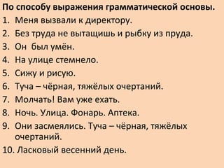 По способу выражения грамматической основы.
1. Меня вызвали к директору.
2. Без труда не вытащишь и рыбку из пруда.
3. Он был умён.
4. На улице стемнело.
5. Сижу и рисую.
6. Туча – чёрная, тяжёлых очертаний.
7. Молчать! Вам уже ехать.
8. Ночь. Улица. Фонарь. Аптека.
9. Они засмеялись. Туча – чёрная, тяжёлых
очертаний.
10. Ласковый весенний день.
 
