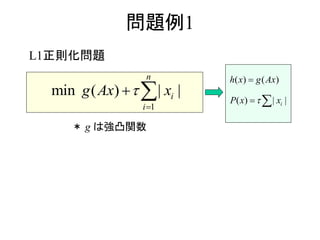 問題例1
1
min ( ) | |
n
i
i
g Ax x

 
( ) (
|
)
( ) |i
h x g Ax
P xx 

 
＊ g は強凸関数
L1正則化問題
 
