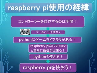 raspberry pi使用の経緯
コントローラーを自作するのは手間！
ゲームパッドを使おう
pythonにゲームライブラリがある！
raspberry piならマイコン
と簡単に通信が出来る！
pythonも使える！
raspberry piを使おう！
 