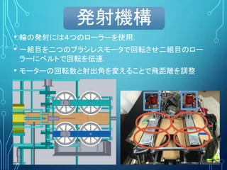 発射機構
• 輪の発射には４つのローラーを使用．
• 一組目を二つのブラシレスモータで回転させ二組目のロー
ラーにベルトで回転を伝達．
• モーターの回転数と射出角を変えることで飛距離を調整
 