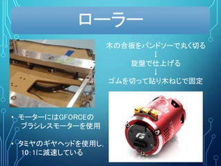 ローラー
木の合板をバンドソーで丸く切る
↓
旋盤で仕上げる
↓
ゴムを切って貼り木ねじで固定
• モーターにはGFORCEの
ブラシレスモーターを使用
• タミヤのギヤヘッドを使用し，
10：1に減速している
 