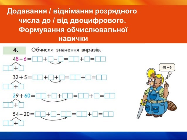 Порозрядне додавання
і віднімання двоцифрових чисел.
Первинне закріплення
Порозрядне додавання
і віднімання двоцифрових чи...