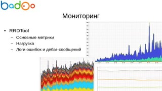 Мониторинг
● RRDTool
– Основные метрики
– Нагрузка
– Логи ошибок и дебаг-сообщений
 