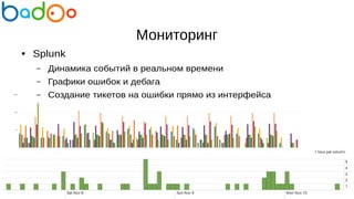 Мониторинг
● Splunk
– Динамика событий в реальном времени
– Графики ошибок и дебага
– Создание тикетов на ошибки прямо из интерфейса
 