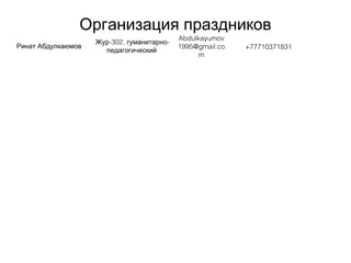 Организация праздников
Ринат Абдулкаюмов
-302, -Жур гуманитарно
педагогический
Abdulkayumov
1995@gmail.co
m
+77710371831
 