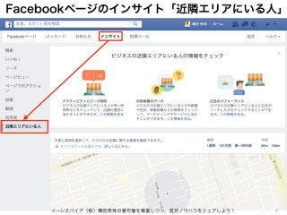 Facebookページのインサイト「近隣エリアにいる人」
イーンスパイア（株）横田秀珠の著作権を尊重しつつ、是非ノウハウをシェアしよう！ 1
 