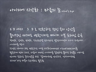 아이디어 시각화 : 마음의 눈Mind’s Eye
2 D 에서 3 D 로 전환하는 정신 속의 상상을
물리적인 세계로 변환시키는 메이커 기본 프레임 교육
평면도, 입면도, 단면도, 직선원근법 렌더링으로 발전시키면서 2가지 차원에서
아이디어를 평가
학생은 2D에서 3D로 변환하는 개념 시각화(mental visualization)를
활용하여 먼저 그리고, 다음에 디자인 아이디어를 실현하는 물리적 구성물로 나타냄.
반대의 접근으로 중학생들을 위한 '설계자처럼 생각하고, 엔지니어처럼
그려라'라는 제목의 프로젝트로 활용됨.
 