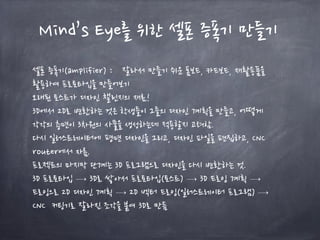 Mind’s Eye를 위한 셀폰 증폭기 만들기
셀폰 증폭기(amplifier) : 잘라서 만들기 쉬운 폼보드, 카드보드, 재활용품을
활용하여 프로토타입을 만들어보기
오래된 토스트가 디자인 챌린지의 재료!
3D에서 2D로 변환하는 것은 학생들이 그들의 디자인 계획을 만들고, 어떻게
각각의 층면이 3차원의 사물을 생성하는데 적용할지 고려함.
다시 일러스트레이터에 평면 디자인을 그리고, 디자인 파일을 편집하고, CNC
router에서 자름.
프로젝트의 마지막 단계는 3D 프로그램으로 디자인을 다시 변환하는 것.
3D 프로토타입 → 3D로 쌓아서 프로토타입(토스트) → 3D 드로잉 계획 →
드로잉으로 2D 디자인 계획 → 2D 벡터 드로잉(일러스트레이터 프로그램) →
CNC 커팅기로 잘라진 조각을 붙여 3D로 만듬
 