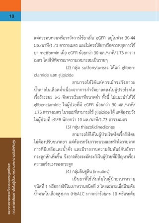 แนวทางการตรวจคัดกรองและดูแลรักษา
ภาวะแทรกซ้อนทางไตในผู้เป็นเบาหวานและความดันโลหิตสูง
18
แต่ควรทบทวนหรือระวังการใช้ยาเมื่อ eGFR อยู่ในช่วง 30-44
มล./นาที/1.73 ตารางเมตร และไม่ควรใช้ยาหรือควรหยุดการใช้
ยา metformin เมื่อ eGFR น้อยกว่า 30 มล./นาที/1.73 ตาราง
เมตร โดยให้พิจารณาความเหมาะสมเป็นรายๆ
	 	 	 (2)	กลุ่ม sulfonylureas ได้แก่ gliben-
clamide และ glipizide
	 	 	 	 สามารถใช้ได้แต่ควรเฝ้าระวังภาวะ
น�้ำตาลในเลือดต�่ำเนื่องจากการก�ำจัดยาลดลงในผู้ป่วยโรคไต
เรื้อรังระยะ 3-5 จึงควรเริ่มยาที่ขนาดต�่ำ ทั้งนี้ ไม่แนะน�ำให้ใช้
glibenclamide ในผู้ป่วยที่มี eGFR น้อยกว่า 30 มล./นาที/
1.73 ตารางเมตร ในขณะที่สามารถใช้ glipizide ได้ แต่ต้องระวัง
ในผู้ป่วยที่ eGFR น้อยกว่า 10 มล./นาที/1.73 ตารางเมตร
	 	 	 (3)	กลุ่ม thiazolidinediones
	 	 	 	 สามารถใช้ได้ในผู้ป่วยโรคไตเรื้อรังโดย
ไม่ต้องปรับขนาดยา แต่ต้องระวังภาวะบวมและหัวใจวายจาก
การที่มีเกลือและน�้ำคั่ง และมีรายงานความสัมพันธ์กับอัตรา
กระดูกหักเพิ่มขึ้น จึงอาจต้องระมัดระวังในผู้ป่วยที่มีปัญหาเรื่อง
ความแข็งแรงของกระดูก
	 	 	 (4)	กลุ่มอินซูลิน (insulins)
	 	 	 	 เป็นยาที่ใช้เริ่มต้นในผู้ป่วยเบาหวาน
ชนิดที่ 1 หรืออาจใช้ในเบาหวานชนิดที่ 2 โดยเฉพาะเมื่อมีระดับ
น�้ำตาลในเลือดสูงมาก (HbA1C มากกว่าร้อยละ 10 หรือระดับ
 