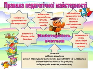 «Ніколи не
зупинятися на
досягнутому»
займатися
самоосвітою
«Вчити і
вчитися
самій»
ділитися з
дітьми своїм
досвідом
намагатися
бути
прикладом
для дітей у
всьому
відповідати
сучасності та
змінам у
системі
реформування
освіти
гармонія,
свідома поведінка,
уміння спрямувати активність особистості на її розвиток,
передбачений і точний розрахунок,
найкраще досягнення результату.
 