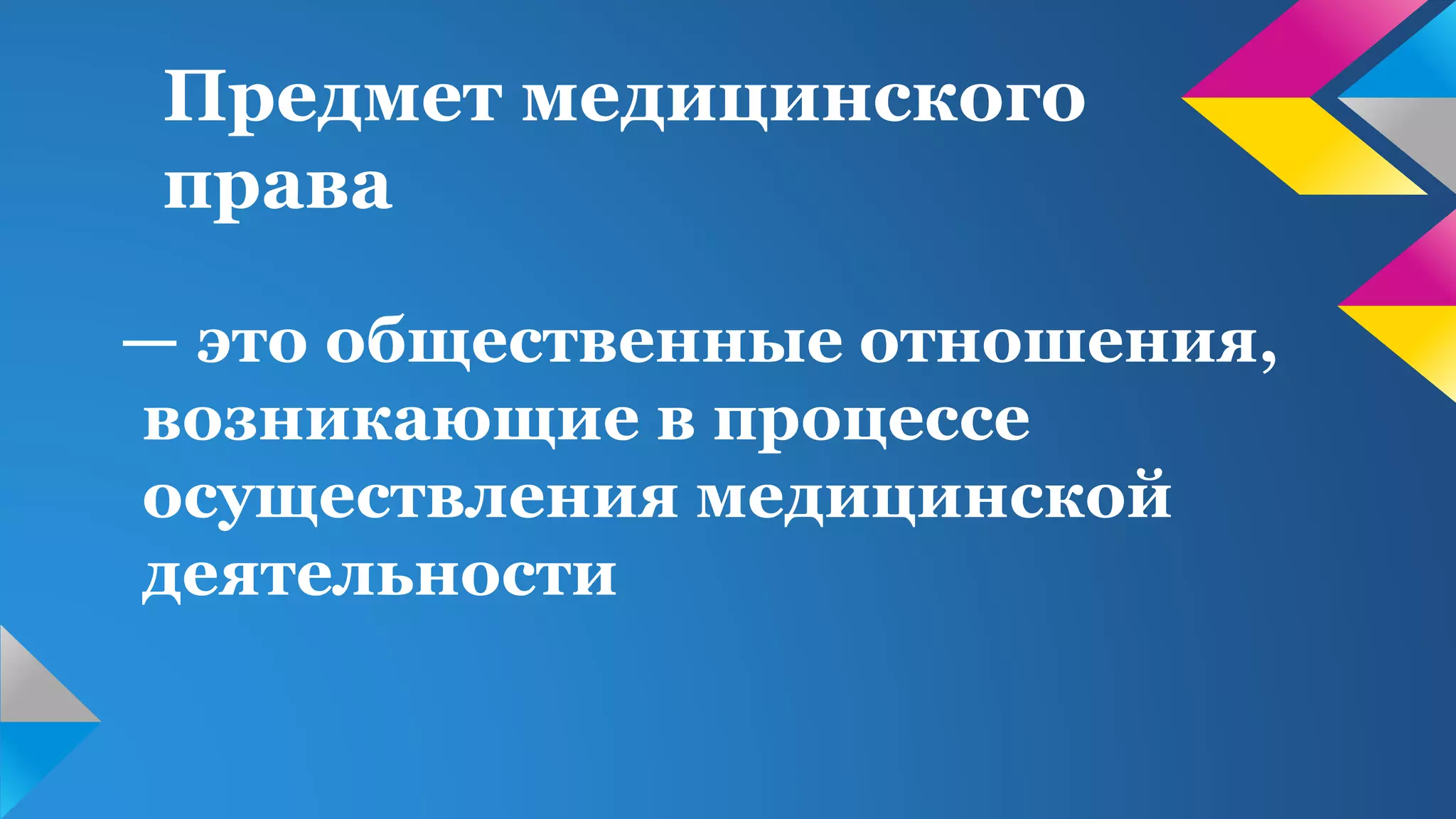 Предмет медицинского
права
— это общественные отношения,
возникающие в процессе
осуществления медицинской
деятельности
 