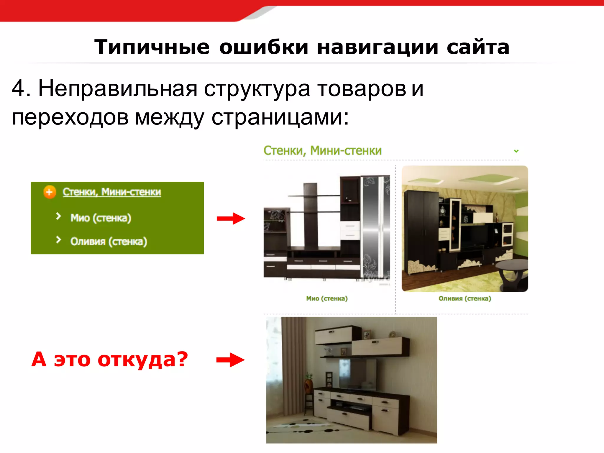 4.  Неправильная  структура  товаров  и  
переходов  между  страницами:
Типичные ошибки навигации сайта
А это откуда?
 