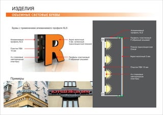 Алюминиевый
профиль ALS
Алюминиевый
профиль ALS
Акрил молочный
3 мм, оклеенный
транслюцентной пленкой
Акрил молочный 3 ммПрофиль пластиковый
F-образный элькамет
Профиль пластиковый
F-образный элькамет
Пленка транслюцентная
OracalПластик ПВХ
10 мм
Пластик ПВХ 10 мм
4-х глазковые
светодиодные
кластеры
4-х глазковые
светодиодные
кластеры
ОБЪЕМНЫЕ СВЕТОВЫЕ БУКВЫ
Буквы с применением алюминиевого профиля ALS
ИЗДЕЛИЯ
Примеры
 