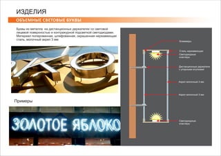 Кляммеры
Сталь нержавеющая
Акрил молочный 3 мм
Акрил молочный 3 мм
Дистанционные держатели
с упорными втулкамиl
Cветодиодные
кластеры
Cветодиодные
кластеры
ОБЪЕМНЫЕ СВЕТОВЫЕ БУКВЫ
ИЗДЕЛИЯ
Буквы из металла на дистанционных держателях со световой
лицевой поверхностью и контражурной подсветкой светодиодами.
Материал полированная, шлифованная, окрашенная нержавеющая
сталь, молочный акрил 3 мм
Примеры
 