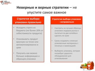Неверные и верные стратегии – не
упустите самое важное
• Исходить строго из
бюджета (не более 20% от
себестоимости продукта)
• Упаковывать продукт
вручную на точке или
автоматизированно в
цехе
• Получить как можно
больше информации и
образцов упаковки
Стратегия выбора
упаковки-правильно
• Смотреть на лучшие образцы
упаковки лидеров рынка и
пытаться за две копейки»
сделать не хуже
• Сразу создавать сложные
упаковочные материалы с
печатью и ламинацией.
• Выбирать упаковку, которая
потребует дорогого
оборудования для
упаковывания
Стратегия выбора упаковки
- неправильно
 