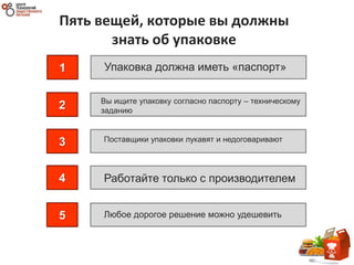 Пять вещей, которые вы должны
знать об упаковке
2
3
4
5
Упаковка должна иметь «паспорт»1
Вы ищите упаковку согласно паспорту – техническому
заданию
Работайте только с производителем
Любое дорогое решение можно удешевить
Поставщики упаковки лукавят и недоговаривают
 