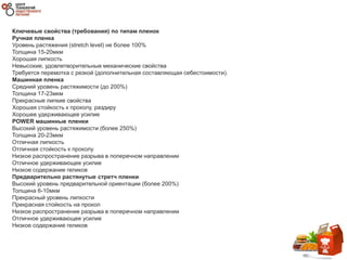 Ключевые свойства (требования) по типам пленок
Ручная пленка
Уровень растяжения (stretch level) не более 100%
Толщина 15-20мкм
Хорошая липкость
Невысокие, удовлетворительные механические свойства
Требуется перемотка с резкой (дополнительная составляющая себестоимости).
Машинная пленка
Средний уровень растяжимости (до 200%)
Толщина 17-23мкм
Прекрасные липкие свойства
Хорошая стойкость к проколу, раздиру
Хорошее удерживающее усилие
POWER машинные пленки
Высокий уровень растяжимости (более 250%)
Толщина 20-23мкм
Отличная липкость
Отличная стойкость к проколу
Низкое распространение разрыва в поперечном направлении
Отличное удерживающее усилие
Низкое содержание геликов
Предварительно растянутые стретч пленки
Высокий уровень предварительной ориентации (более 200%)
Толщина 6-10мкм
Прекрасный уровень липкости
Прекрасная стойкость на прокол
Низкое распространение разрыва в поперечном направлении
Отличное удерживающее усилие
Низкое содержание геликов
 