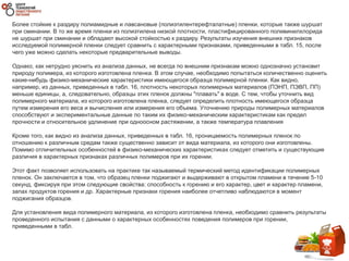 Более стойкие к раздиру полиамидные и лавсановые (полиэтилентерефталатные) пленки, которые также шуршат
при сминании. В то же время пленки из полиэтилена низкой плотности, пластифицированного поливинилхлорида
не шуршат при сминании и обладают высокой стойкостью к раздиру. Результаты изучения внешних признаков
исследуемой полимерной пленки следует сравнить с характерными признаками, приведенными в табл. 15, после
чего уже можно сделать некоторые предварительные выводы.
Однако, как нетрудно уяснить из анализа данных, не всегда по внешним признакам можно однозначно установит
природу полимера, из которого изготовлена пленка. В этом случае, необходимо попытаться количественно оценить
какие-нибудь физико-механические характеристики имеющегося образца полимерной пленки. Как видно,
например, из данных, приведенных в табл. 16, плотность некоторых полимерных материалов (ПЭНП, ПЭВП, ПП)
меньше единицы, а, следовательно, образцы этих пленок должны "плавать" в воде. С тем, чтобы уточнить вид
полимерного материала, из которого изготовлена пленка, следует определить плотность имеющегося образца
путем измерения его веса и вычисления или измерения его объема. Уточнению природы полимерных материалов
способствуют и экспериментальные данные по таким их физико-механическим характеристикам как предел
прочности и относительное удлинение при одноосном растяжении, а также температура плавления
Кроме того, как видно из анализа данных, приведенных в табл. 16, проницаемость полимерных пленок по
отношению к различным средам также существенно зависит от вида материала, из которого они изготовлены.
Помимо отличительных особенностей в физико-механических характеристиках следует отметить и существующие
различия в характерных признаках различных полимеров при их горении.
Этот факт позволяет использовать на практике так называемый термический метод идентификации полимерных
пленок. Он заключается в том, что образец пленки поджигают и выдерживают в открытом пламени в течение 5-10
секунд, фиксируя при этом следующие свойства: способность к горению и его характер, цвет и характер пламени,
запах продуктов горения и др. Характерные признаки горения наиболее отчетливо наблюдаются в момент
поджигания образцов.
Для установления вида полимерного материала, из которого изготовлена пленка, необходимо сравнить результаты
проведенного испытания с данными о характерных особенностях поведения полимеров при горении,
приведенными в табл.
 