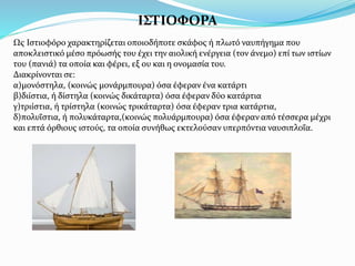 ΙΣΤΙΟΦΟΡΑ
Ως Ιστιοφόρο χαρακτηρίζεται οποιοδήποτε σκάφος ή πλωτό ναυπήγημα που
αποκλειστικό μέσο πρόωσής του έχει την αιολική ενέργεια (τον άνεμο) επί των ιστίων
του (πανιά) τα οποία και φέρει, εξ ου και η ονομασία του.
Διακρίνονται σε:
α)μονόστηλα, (κοινώς μονάρμπουρα) όσα έφεραν ένα κατάρτι
β)διίστια, ή δίστηλα (κοινώς δικάταρτα) όσα έφεραν δύο κατάρτια
γ)τριίστια, ή τρίστηλα (κοινώς τρικάταρτα) όσα έφεραν τρια κατάρτια,
δ)πολυΐστια, ή πολυκάταρτα,(κοινώς πολυάρμπουρα) όσα έφεραν από τέσσερα μέχρι
και επτά όρθιους ιστούς, τα οποία συνήθως εκτελούσαν υπερπόντια ναυσιπλοΐα.
 