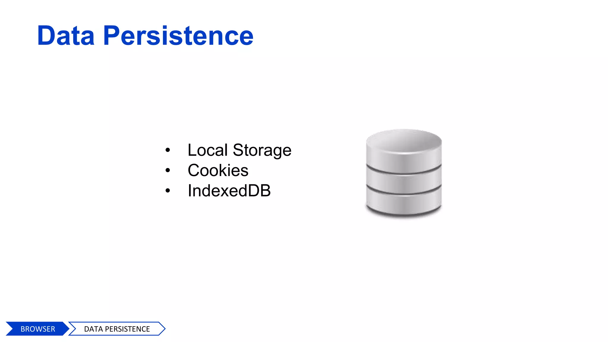 Data Persistence
• Local Storage
• Cookies
• IndexedDB
BROWSER DATA PERSISTENCE
 
