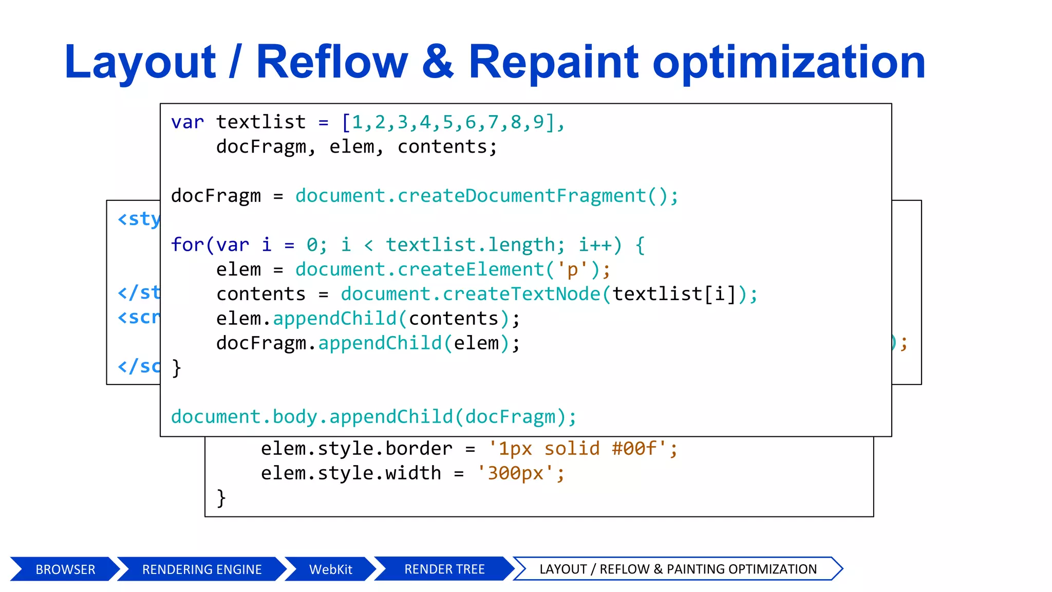 var textlist = [1,2,3,4,5,6,7,8,9],
elem;
for(var i = 0; i < textlist.length; i++) {
elem = document.getElementById('item-'+ textlist[i]);
elem.style.background = '#333';
elem.style.color = '#fff';
elem.style.border = '1px solid #00f';
elem.style.width = '300px';
}
Layout / Reflow & Repaint optimization
var toChange = document.getElementById('mainelement');
toChange.style.background = '#333';
toChange.style.color = '#fff';
toChange.style.border = '1px solid #00f';
toChange.style.width = '300px';
BROWSER WebKit RENDER TREE LAYOUT / REFLOW & PAINTING OPTIMIZATION
<style>
div { /* … */ }
div.highlight { /* … */ }
</style>
<script>
document.getElementById('mainelement').classList.add('highlight');
</script>
var textlist = [1,2,3,4,5,6,7,8,9],
docFragm, elem, contents;
docFragm = document.createDocumentFragment();
for(var i = 0; i < textlist.length; i++) {
elem = document.createElement('p');
contents = document.createTextNode(textlist[i]);
elem.appendChild(contents);
docFragm.appendChild(elem);
}
document.body.appendChild(docFragm);
RENDERING ENGINE
 