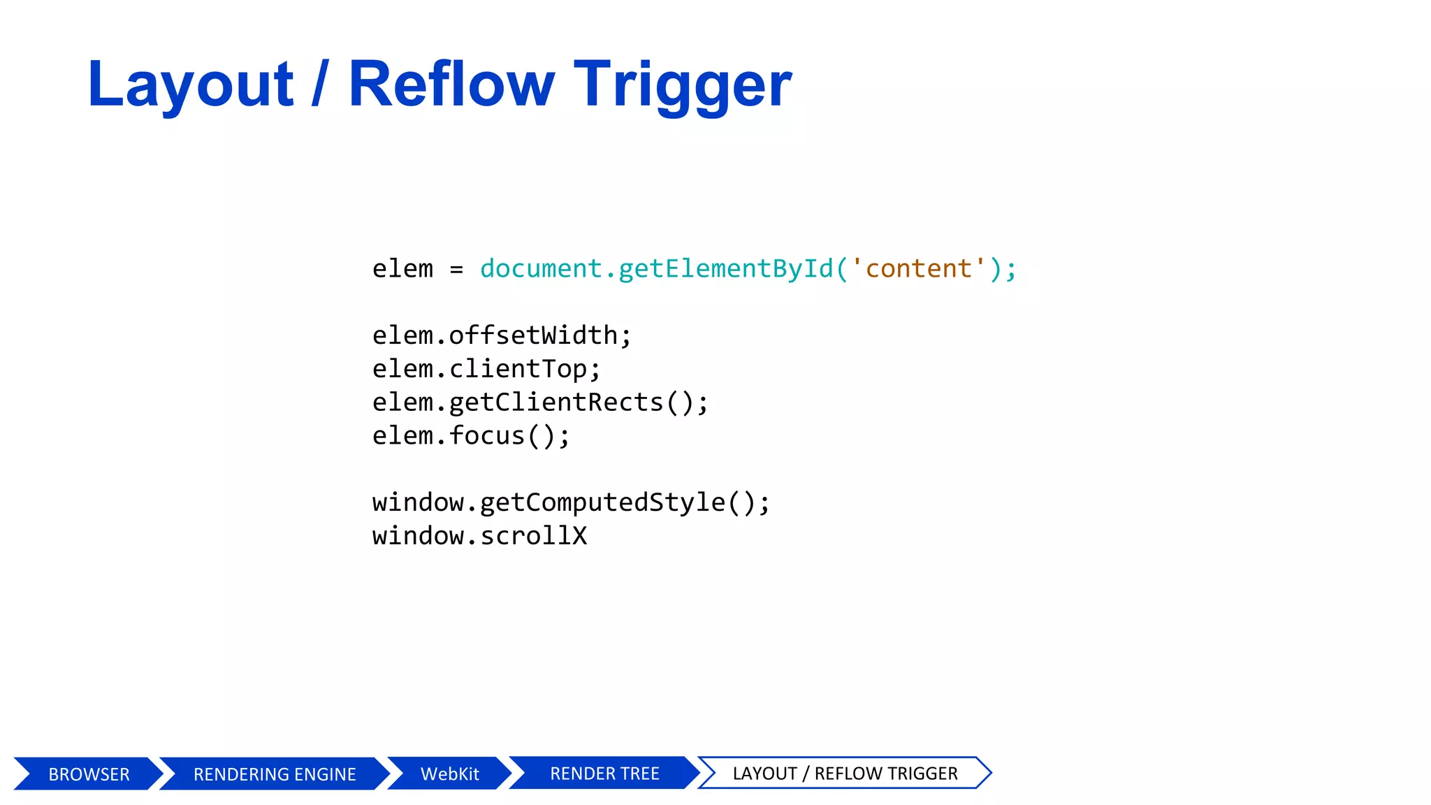 elem = document.getElementById('content');
elem.offsetWidth;
elem.clientTop;
elem.getClientRects();
elem.focus();
window.getComputedStyle();
window.scrollX
BROWSER WebKit RENDER TREE LAYOUT / REFLOW TRIGGER
Layout / Reflow Trigger
RENDERING ENGINE
 