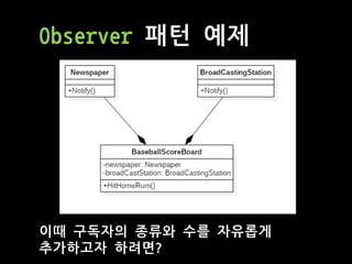 Observer 패턴 예제
이때 구독자의 종류와 수를 자유롭게
추가하고자 하려면?
 