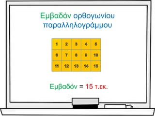 Εμβαδόν ορθογωνίου
παραλληλογράμμου
Εμβαδόν = 15 τ.εκ.
 