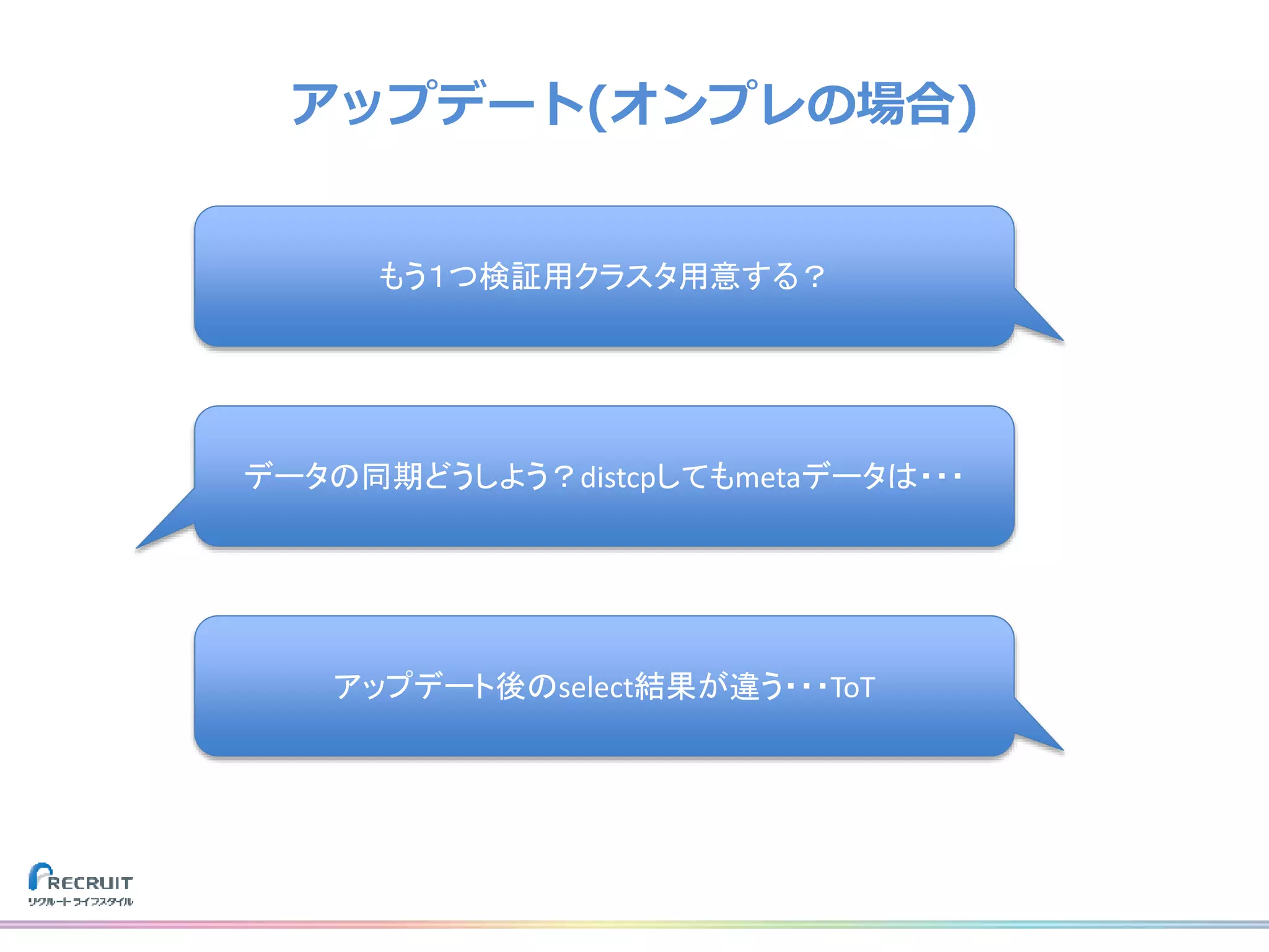 アップデート(オンプレの場合)
もう１つ検証用クラスタ用意する？
データの同期どうしよう？distcpしてもmetaデータは・・・
アップデート後のselect結果が違う・・・ToT
 