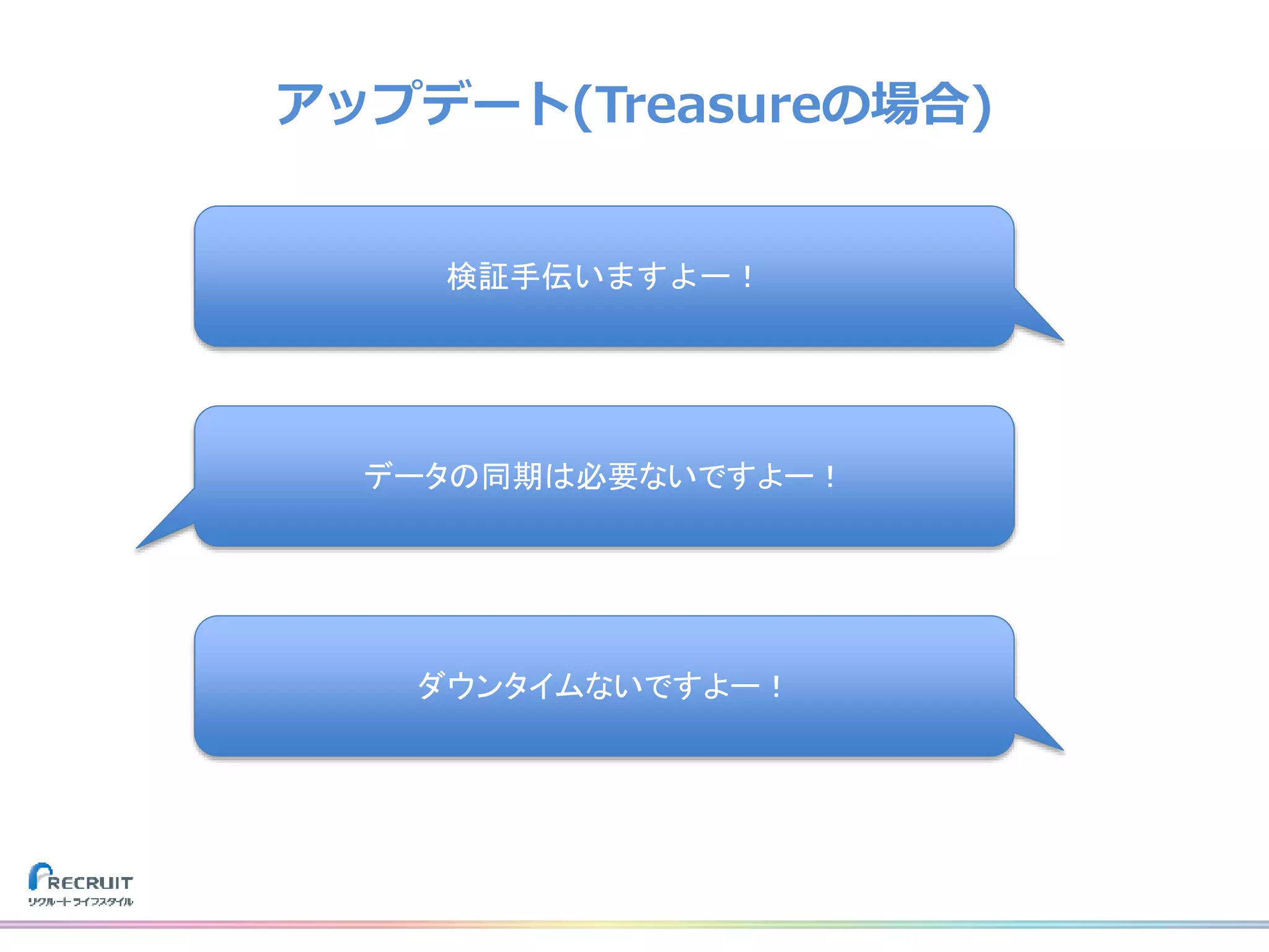 アップデート(Treasureの場合)
検証手伝いますよー！
データの同期は必要ないですよー！
ダウンタイムないですよー！
 