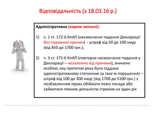 Відповідальність (з 18.03.16 р.)
Адміністративна (норми змінені):
1) ч. 1 ст. 172-6 КпАП (несвоєчасне подання Декларації
без поважних причин) - штраф від 50 до 100 нмдг
(від 850 до 1700 грн.);
2) ч. 3 ст. 172-6 КпАП (повторне несвоєчасне подання у
Декларації – незалежно від причини), вчинене
особою, яку протягом року було піддано
адміністративному стягненню за таке ж порушення) –
штраф від 100 до 300 нмдг (від 1700 до 5100 грн.) з
позбавленням права обіймати певні посади або
займатися певною діяльністю строком на один рік
 