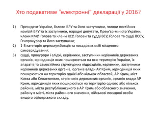 Хто подаватиме “електронні” декларації у 2016?
1) Президент України, Голови ВРУ та його заступники, голови постійних
комісій ВРУ та їх заступники, народні депутати, Прем'єр-міністр України,
члени КМУ, Голова та члени КСУ, Голови та судді ВСУ, Голова та судді ВССУ,
Генпрокурор та його заступники;
2) 1-3 категорія держслужбовців та посадових осіб місцевого
самоврядування;
3) судді, прокурори і слідчі, керівники, заступники керівників державних
органів, юрисдикція яких поширюється на всю територію України, їх
апаратів та самостійних структурних підрозділів, керівники, заступники
керівників державних органів, органів влади АР Крим, юрисдикція яких
поширюється на територію однієї або кількох областей, АР Крим, міст
Києва або Севастополя, керівників державних органів, органів влади АР
Крим, юрисдикція яких поширюється на територію одного або кількох
районів, міста республіканського в АР Крим або обласного значення,
району в місті, міста районного значення, військові посадові особи
вищого офіцерського складу.
 